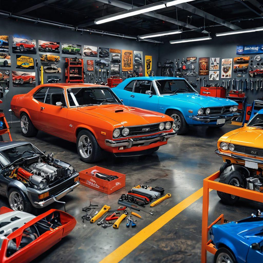 An engaging scene of a diverse auto enthusiast workshop, showcasing a variety of vehicles in different stages of maintenance and upgrades. Include tools, spare parts, and a mechanic working on a car, surrounded by vibrant posters of classic and modern vehicles. Capture the excitement and passion of auto care with bright colors and an inspirational atmosphere. super-realistic. vibrant colors. 3D.