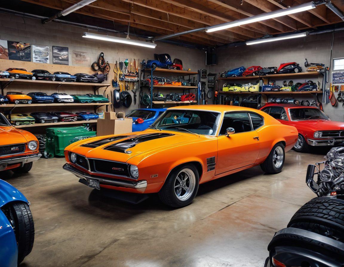 A dynamic scene showcasing a diverse group of car enthusiasts passionately customizing their vehicles in a vibrant garage, filled with tools and colorful car parts. Brightly painted cars in various styles, from classic to modern, radiate excitement. Incorporate elements of personal expression like unique decals and modifications, along with a backdrop of motivational posters about automotive passion. The overall atmosphere should be energetic and inviting. super-realistic. vibrant colors. dynamic composition.