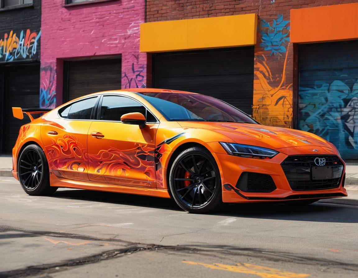 A sleek, modern car with vibrant custom paint jobs showcasing flames and geometric patterns, parked against a dynamic urban backdrop filled with graffiti art. Tools and accessories for vehicle customization scattered around, like vinyl wraps and spoilers. A translucent graphic overlay showing before-and-after design sketches on the windshield. A bright, sunny day enhances the colors and reflections. hyper-realistic. vibrant colors. urban setting.
